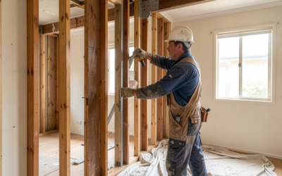 Tradesman removing a structural wall during a kitchen rebuild in an Illawarra home Tradesman removing a structural wall during a kitchen rebuild in an Illawarra home