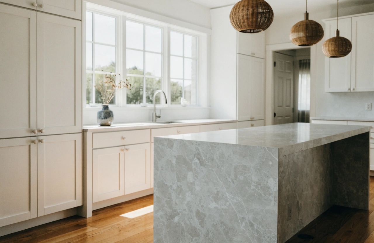 Modern kitchen renovation with white shaker cabinets and stone island bench in Wollongong home
