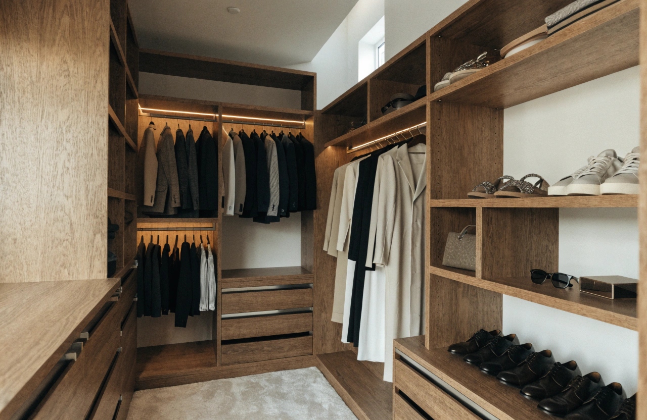 Custom built walk-in wardrobe with timber shelving and drawers in an Illawarra home