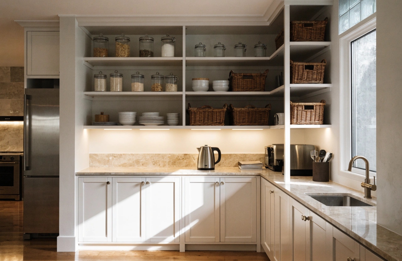 Custom butler's pantry with built-in shelving and storage in an Illawarra kitchen