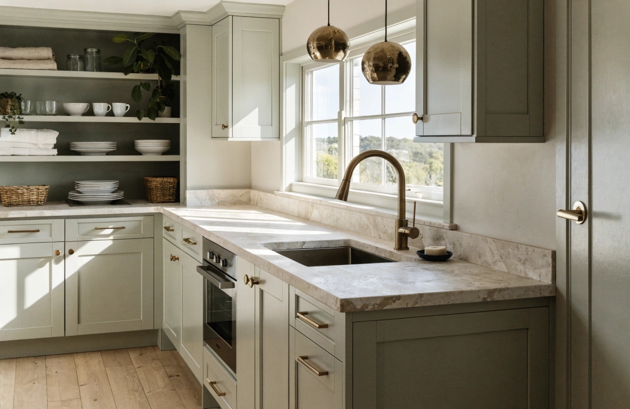Custom kitchen cabinetry by a Wollongong cabinet maker with stone benchtop and timber finishes