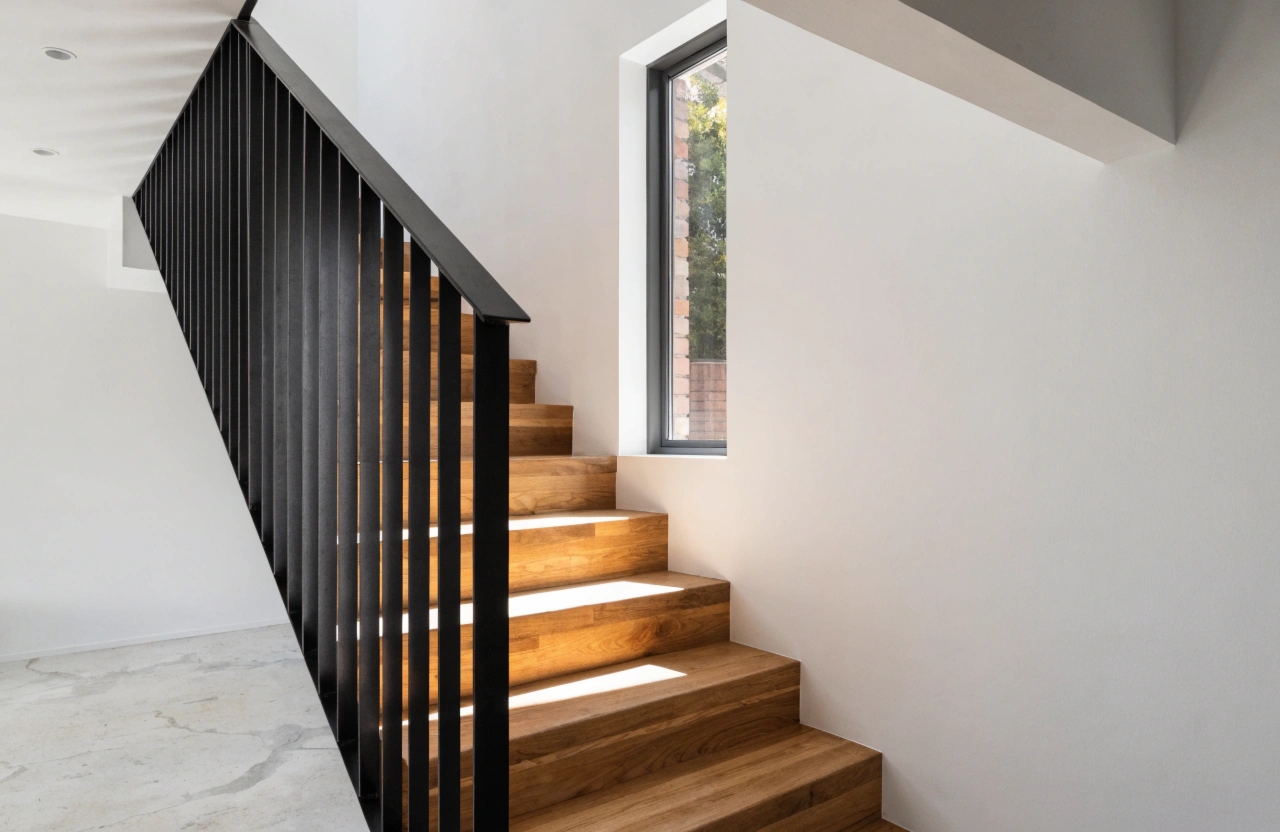 a-custom-timber-staircase-with-warm-timber-treads- Custom timber staircase joinery in a Wollongong home