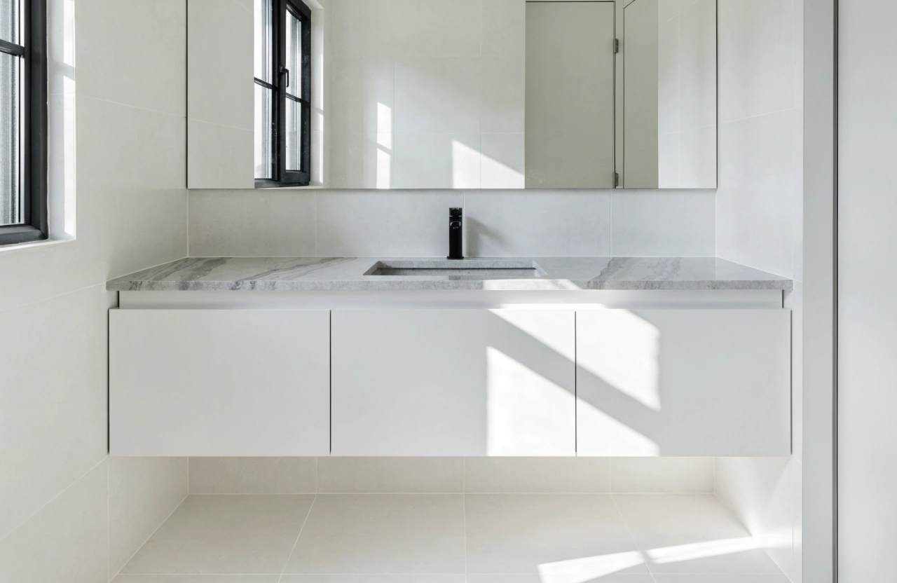Custom wall-hung bathroom vanity with white two-pac finish and stone benchtop in a Wollongong home