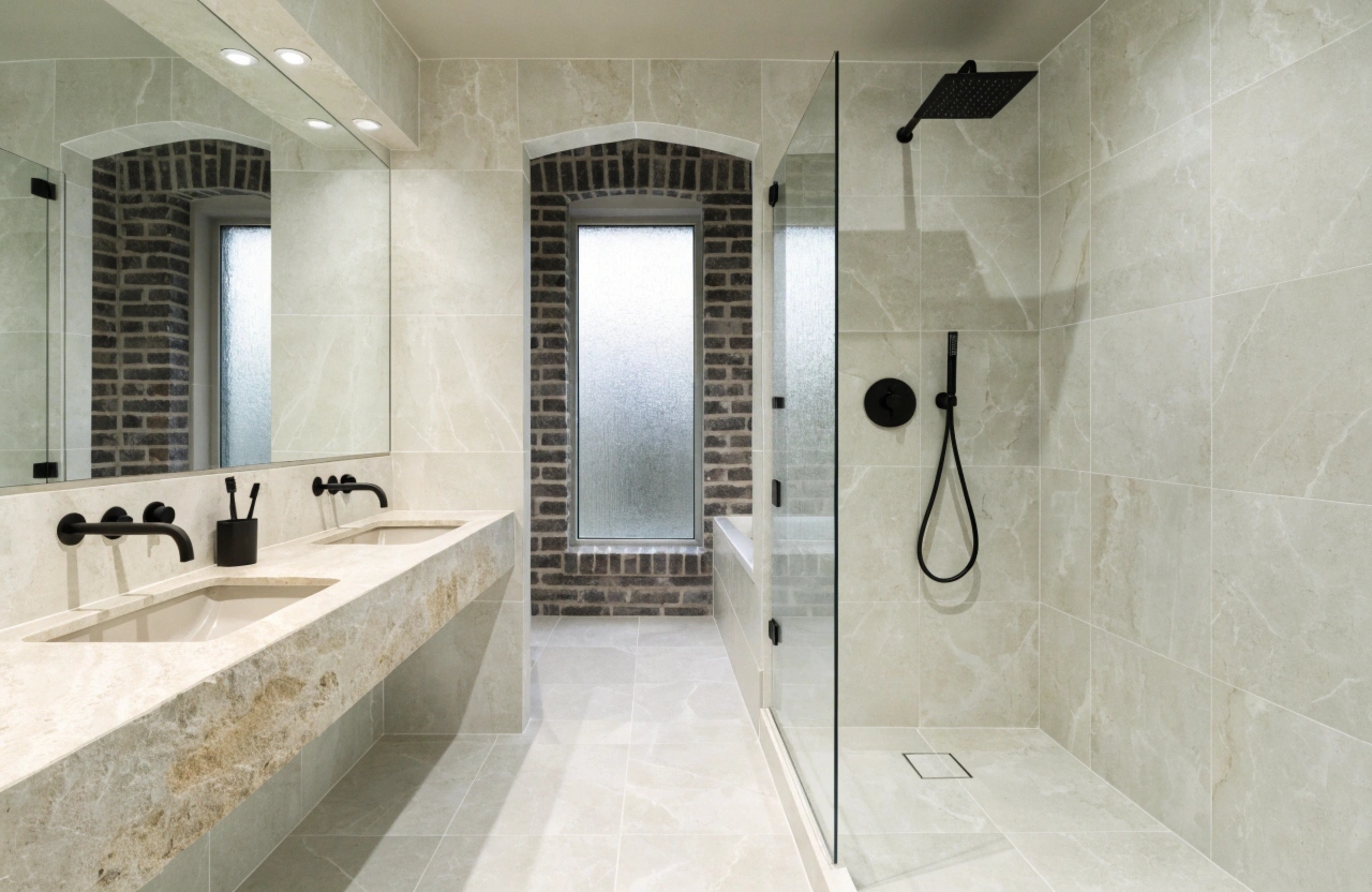 a-family-bathroom-in-a-renovated-brick-veneer-aust Completed family bathroom renovation with double vanity in a Wollongong home