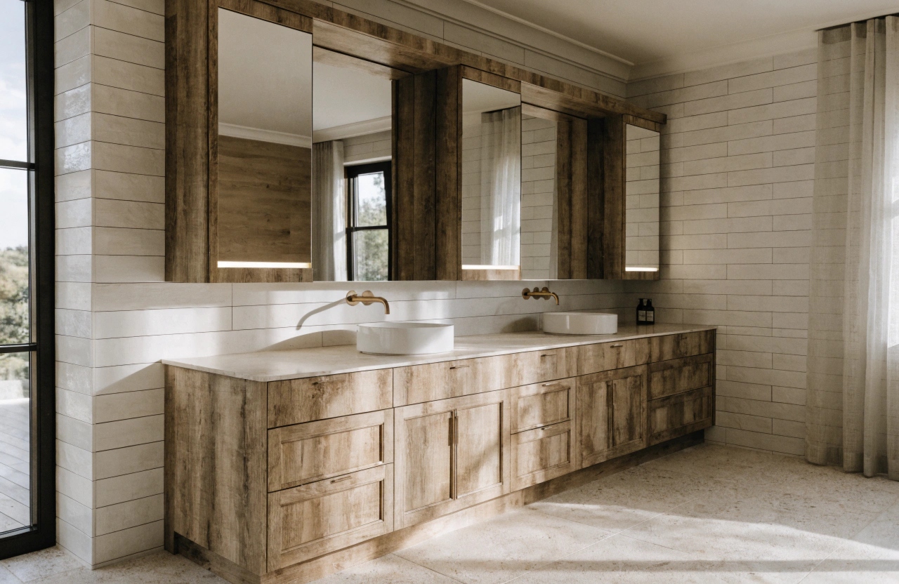 Full-width double basin custom vanity with timber veneer finish in an Illawarra bathroom renovation