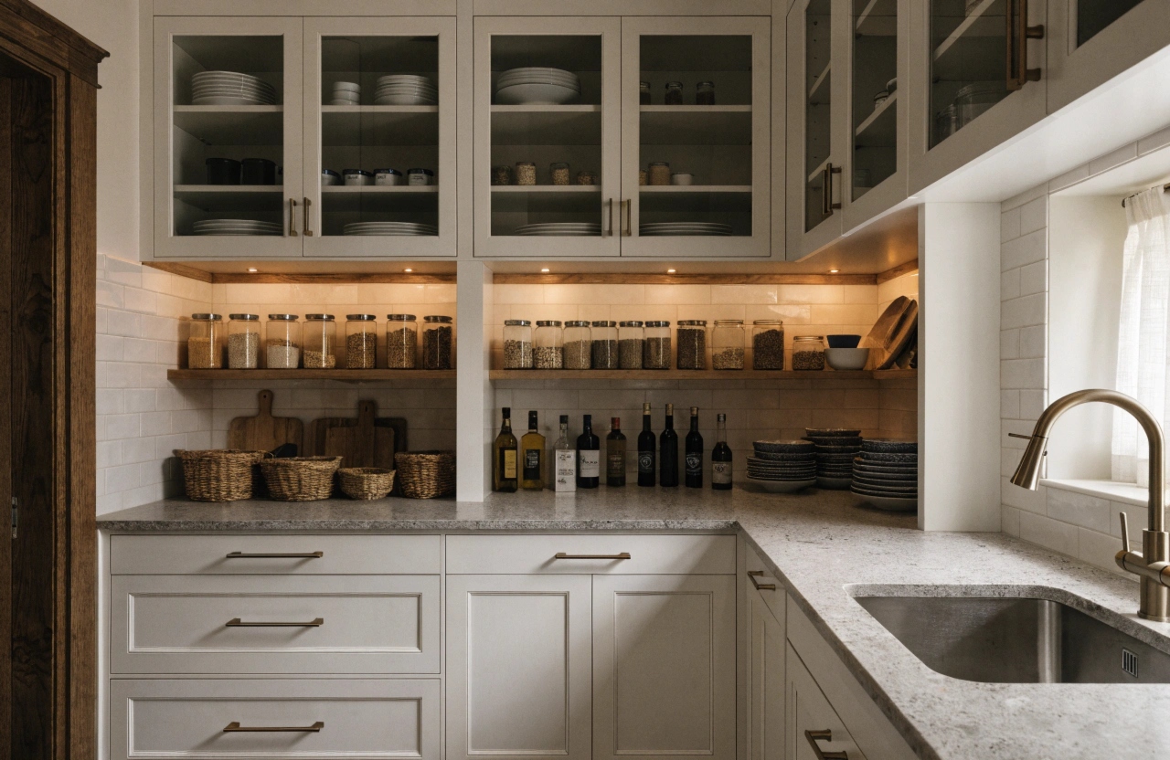 a-fully-fitted-butler-s-pantry-interior--white-sha Custom butler's pantry with white shaker cabinetry and stone benchtop, Wollongong