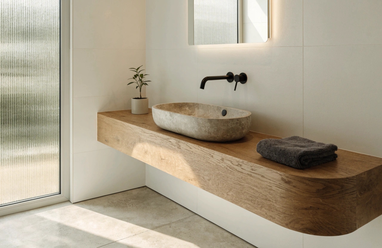 Custom bathroom vanity unit with timber veneer finish installed in a Wollongong home