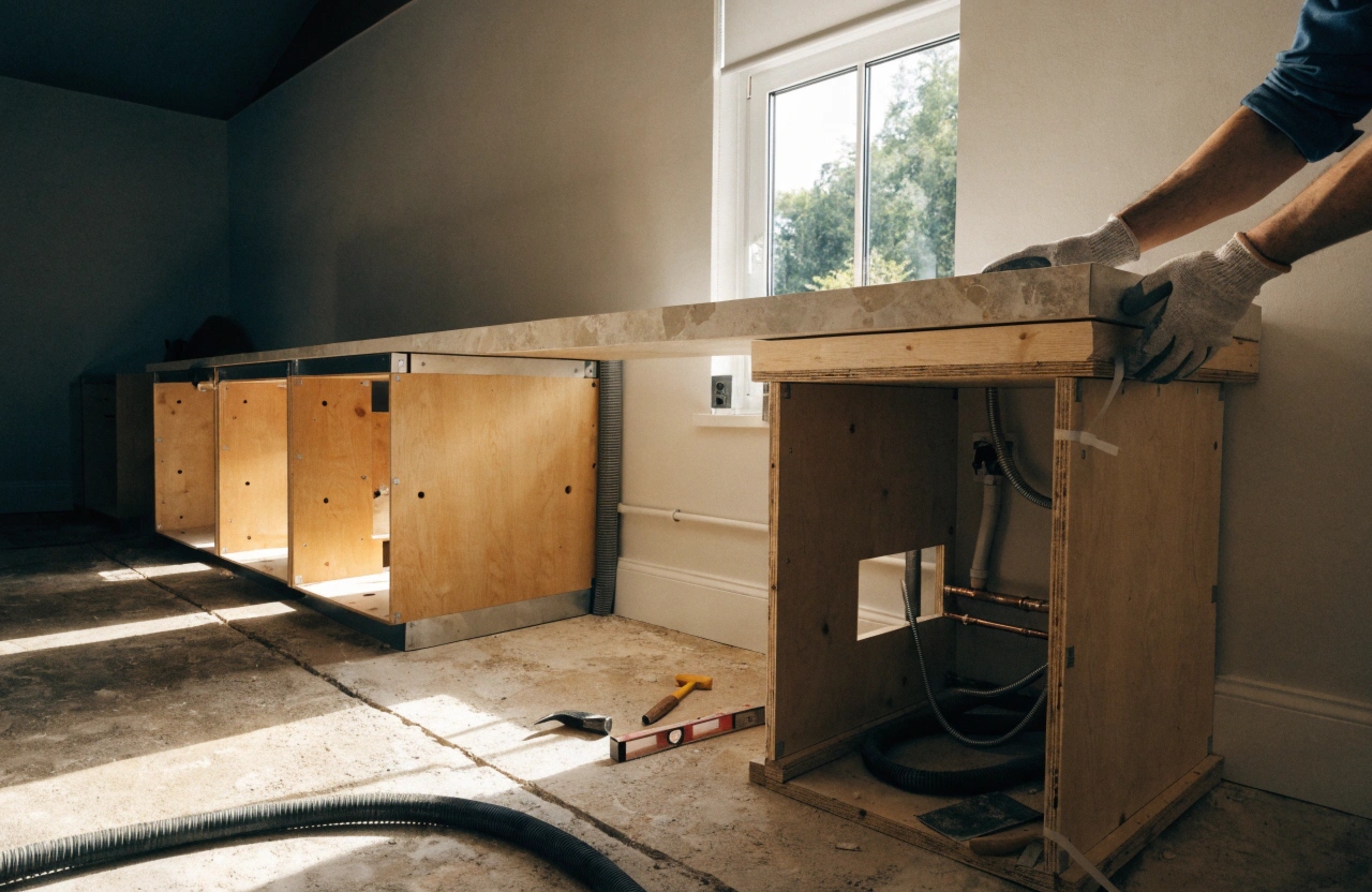 Kitchen cabinetry installation Wollongong - tradesperson fitting custom cabinets