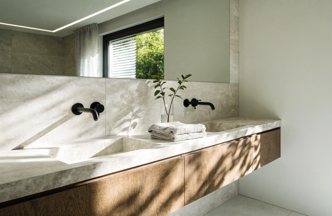 a-photorealistic-display-home-ensuite-bathroom-fea Custom ensuite vanity with stone top and feature tiling in a Wollongong display home