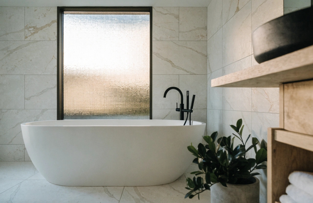 a-renovated-bathroom-in-a-coastal-australian-home- athroom remodeler Wollongong - renovated bathroom with stone finishes and coastal-contemporary design