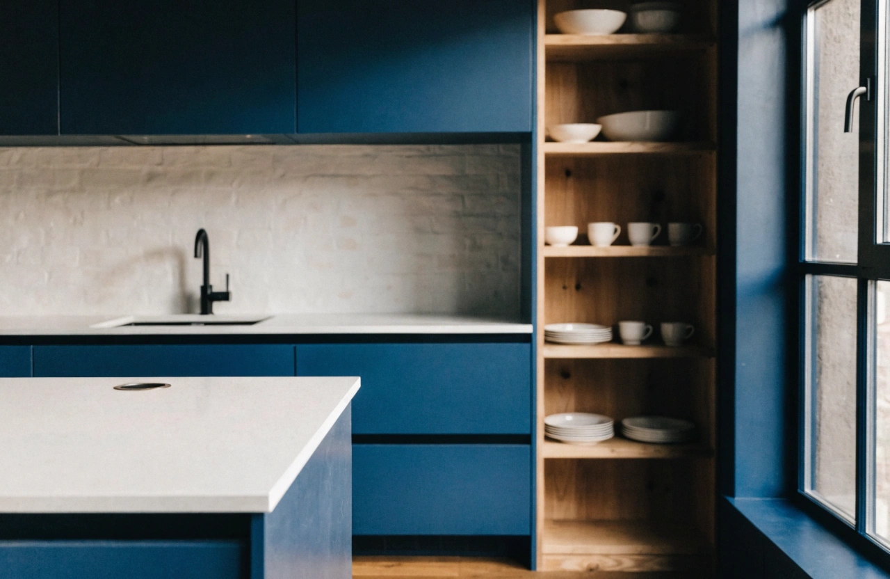 Custom kitchen with navy cabinetry and white stone benchtop installed by Wollongong Kitchen Renovations