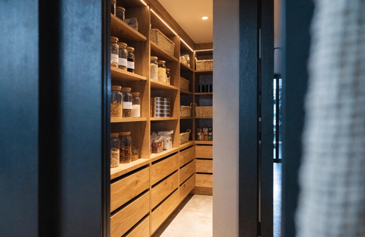 Custom joinery pantry installation with timber shelving and pull-out drawers by Wollongong kitchen joiners