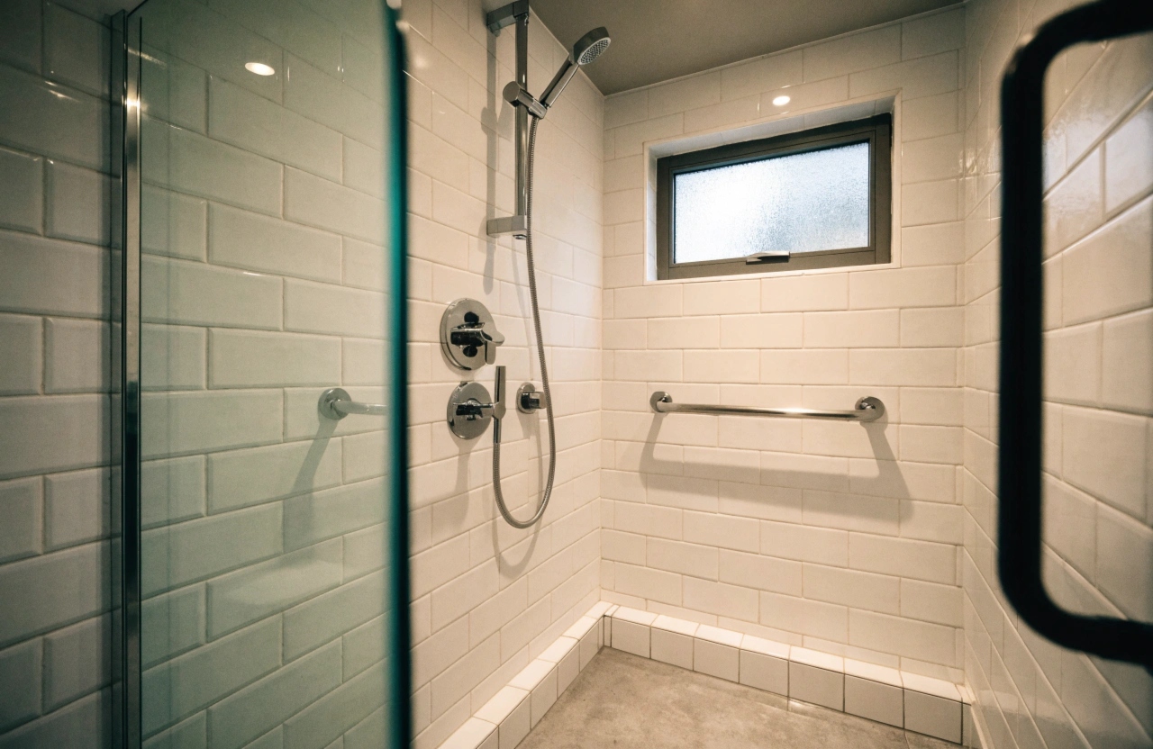 close-angle-interior-shot-of-a-step-free-shower-zo Accessible bathroom renovation featuring step-free shower and grab rails in Wollongong