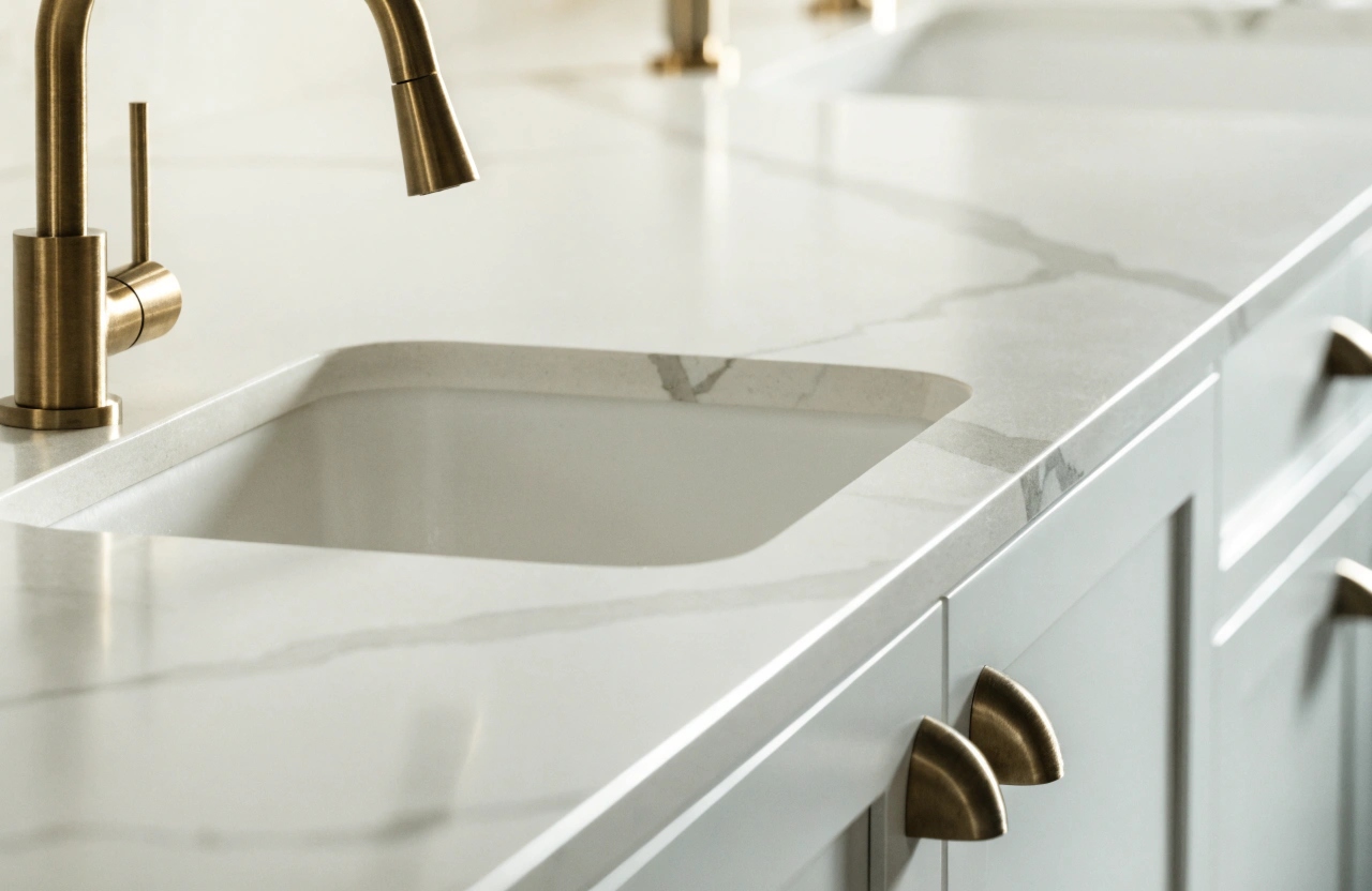 Stone benchtop installation with undermount sink and brass tapware by Wollongong kitchen renovators