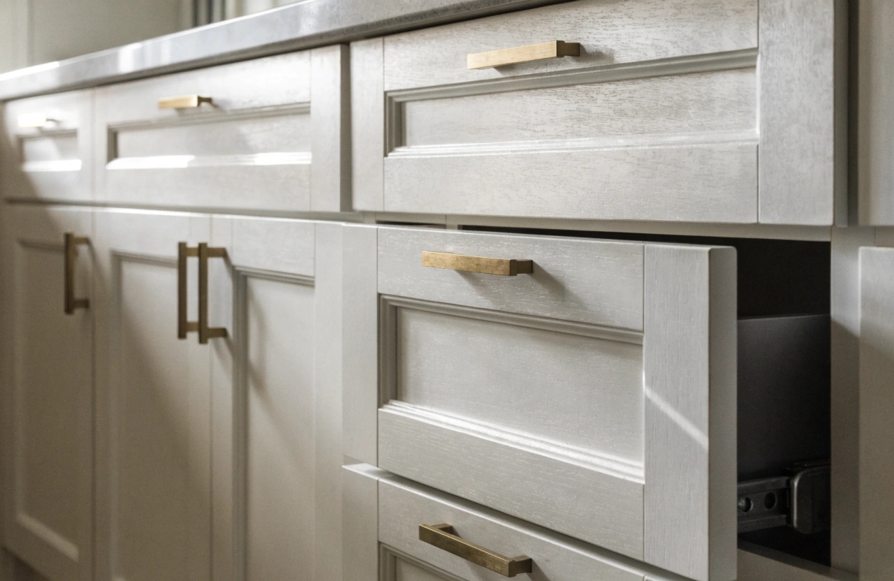 Custom shaker-style kitchen cabinets in two-pac white finish with brass handles by Wollongong cabinet makers