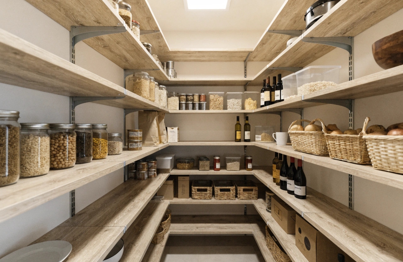 interior-of-a-walk-in-pantry-with-floor-to-ceiling Walk-in pantry with adjustable shelving and LED lighting, Wollongong home