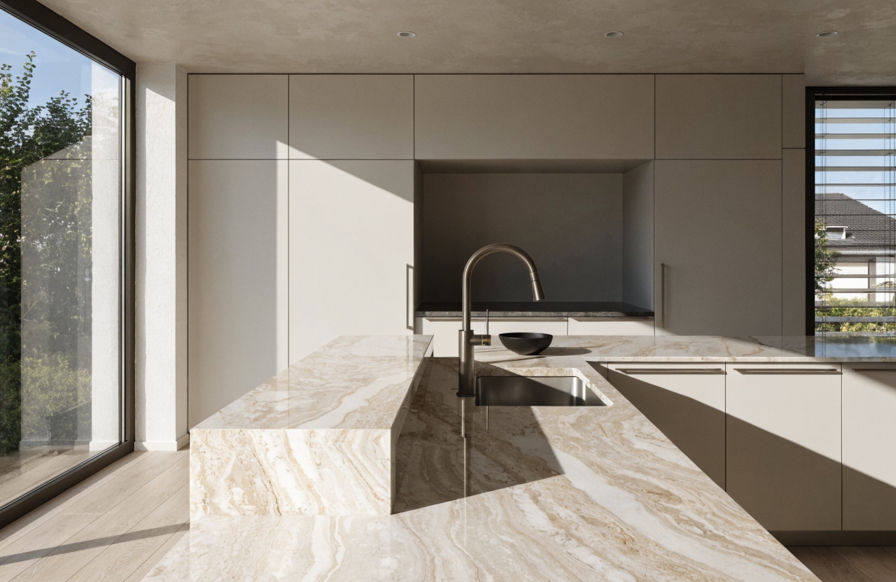 Luxury kitchen renovation Wollongong with marble island benchtop and handleless cabinetry