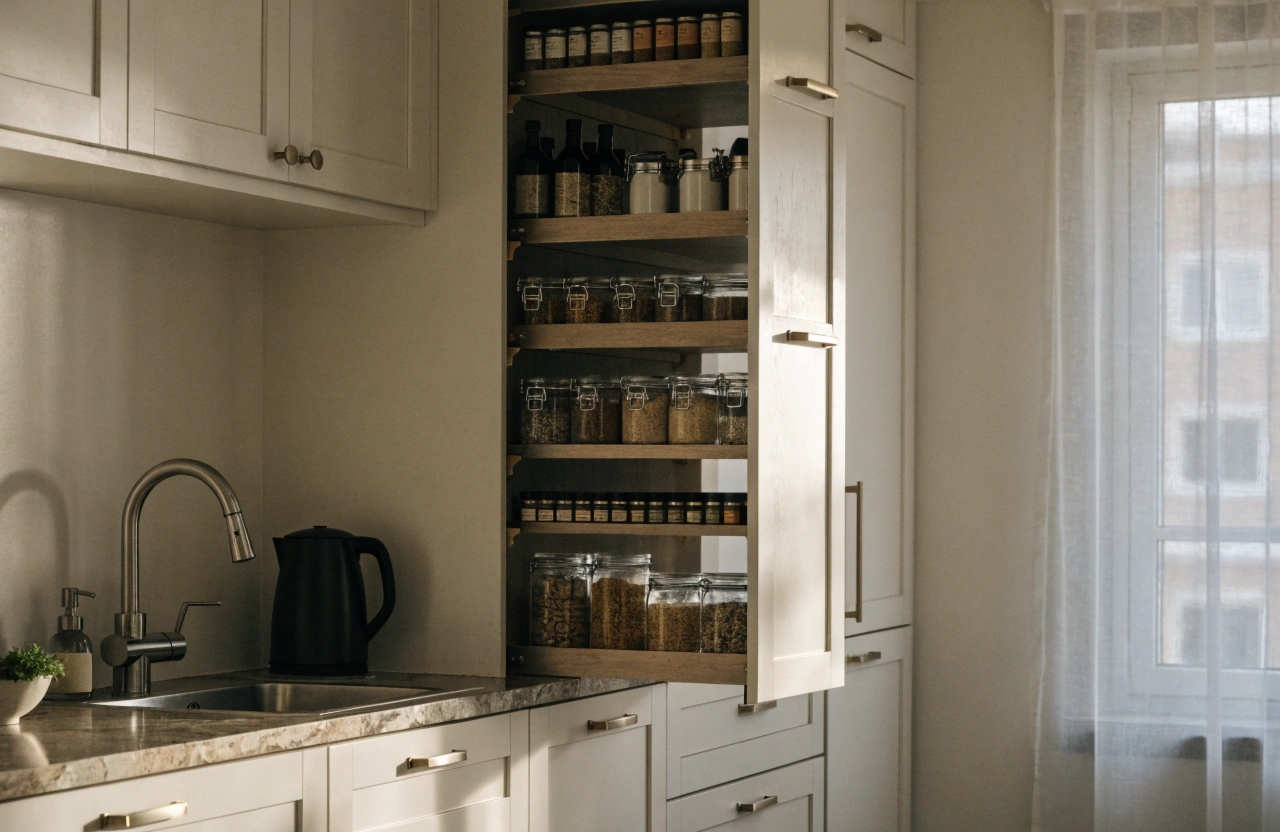 Integrated pull-out pantry cabinet within kitchen cabinetry run, Wollongong