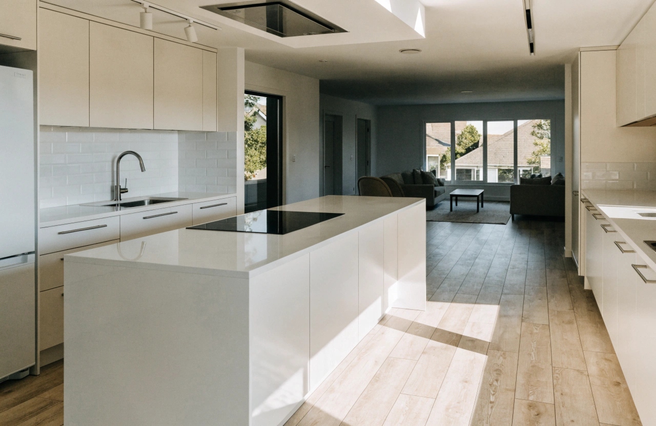 Completed full kitchen renovation with island bench, stone benchtop and splashback in Wollongong home