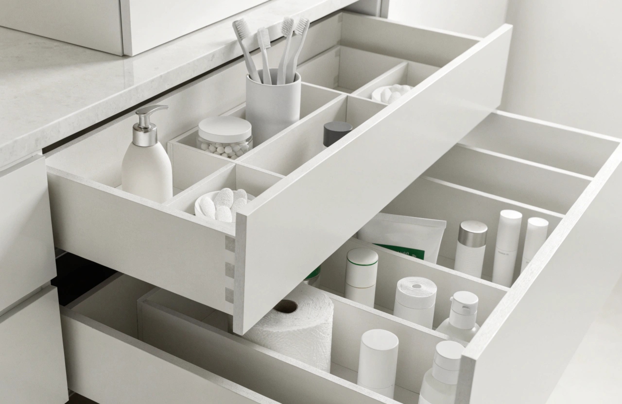Internal drawer storage with pull-out organisers inside a custom-built bathroom vanity in Wollongong