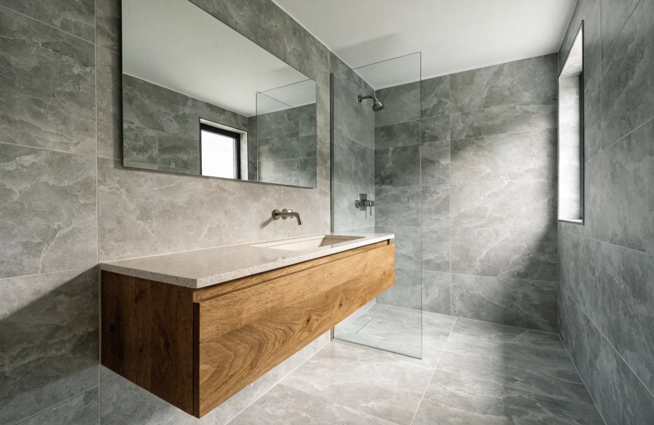 Modern bathroom renovation with floating vanity, large format tiles and frameless shower by Wollongong bathroom remodellers