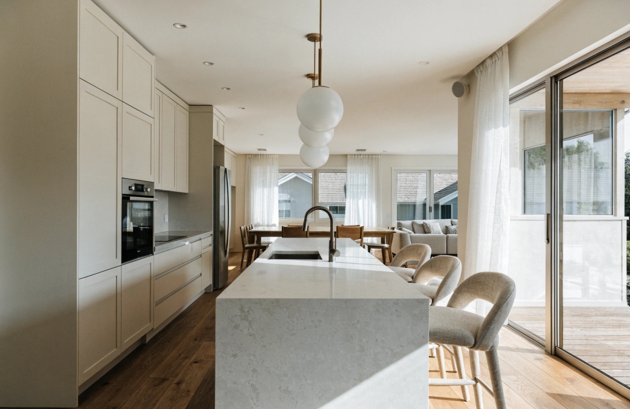 Open-plan kitchen renovation with island bench and stone benchtop in Illawarra home