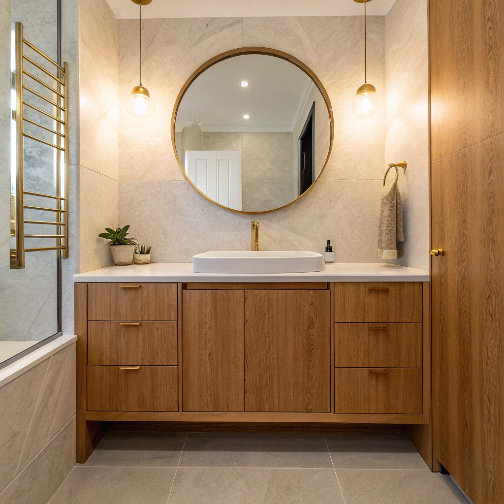 Wall-hung vanity with brushed gold tapware in a renovated ensuite